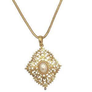 Vintage Faux Pearl Filigree Gold Tone Pendant 37” Necklace Extra Long Chain